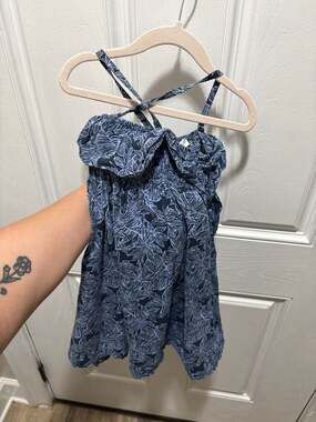 Cyrillus Paris Girls Blue Tropical Leaf Print Sundress with Ruffle Neckline